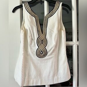 Lilly Pulitzer White Textured Top with Nautical Navy and Gold Detailing